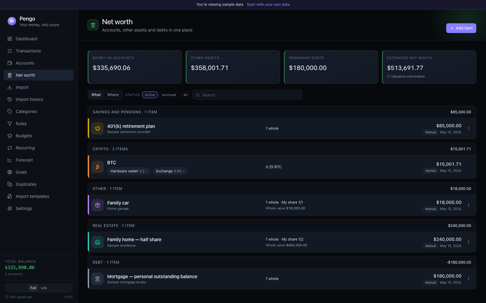 Net worth overview in Pengo: a list of items with a crypto position grouped across places