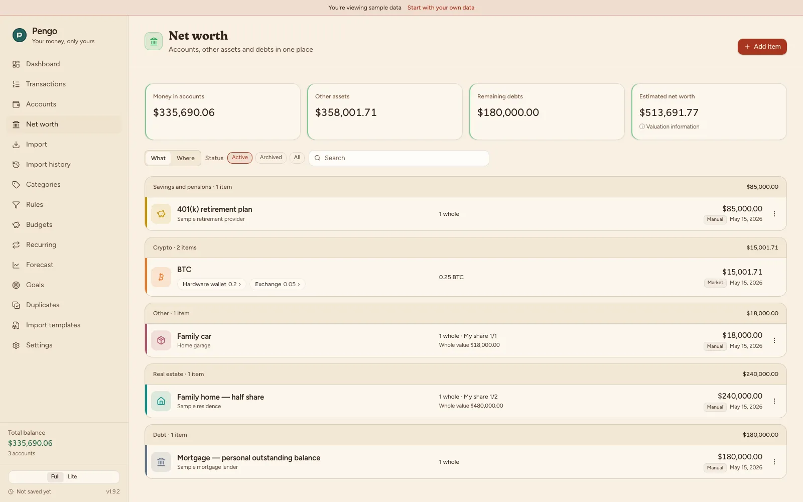 Pengo net worth overview: grouped Bitcoin row and net worth summary cards